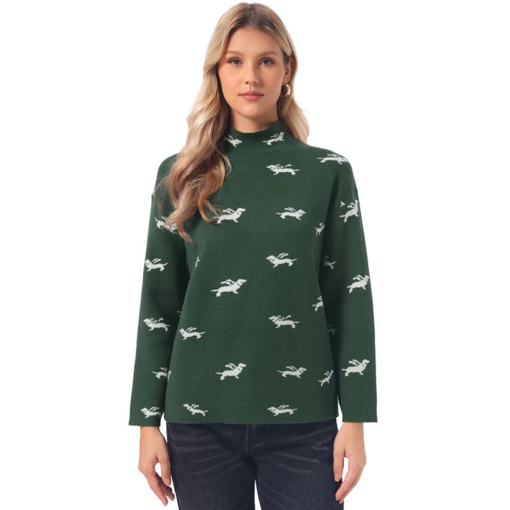 Women Mock Neck Casual Knit Pullover Long Sleeve Sweater Tops Dark Green
